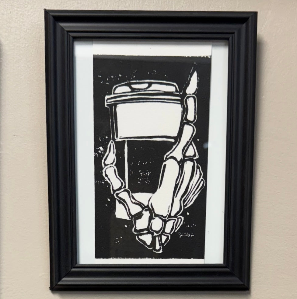 “Every Morning” Limited Edition Hand Pressed Skeleton Coffee Mug Print