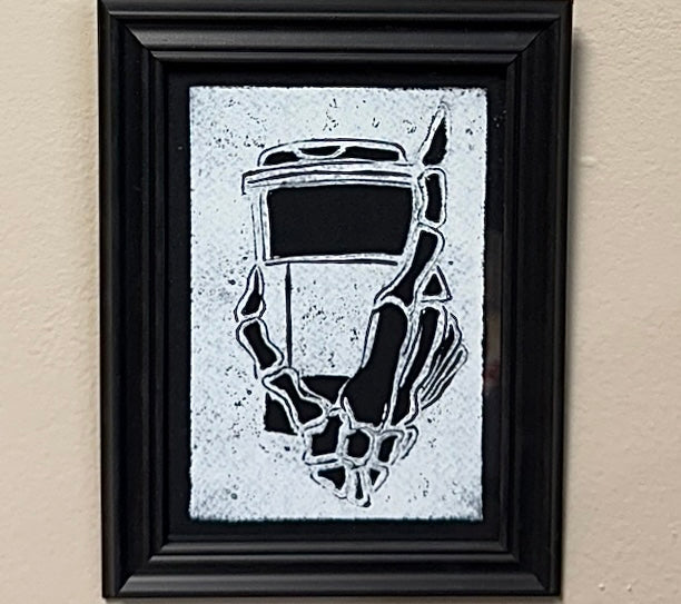 “Every Morning” Limited Edition Hand Pressed Linocut Skeleton Coffee Cup Print