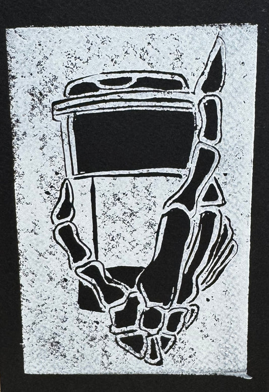 “Every Morning” Limited Edition Hand Pressed Linocut Skeleton Coffee Cup Print