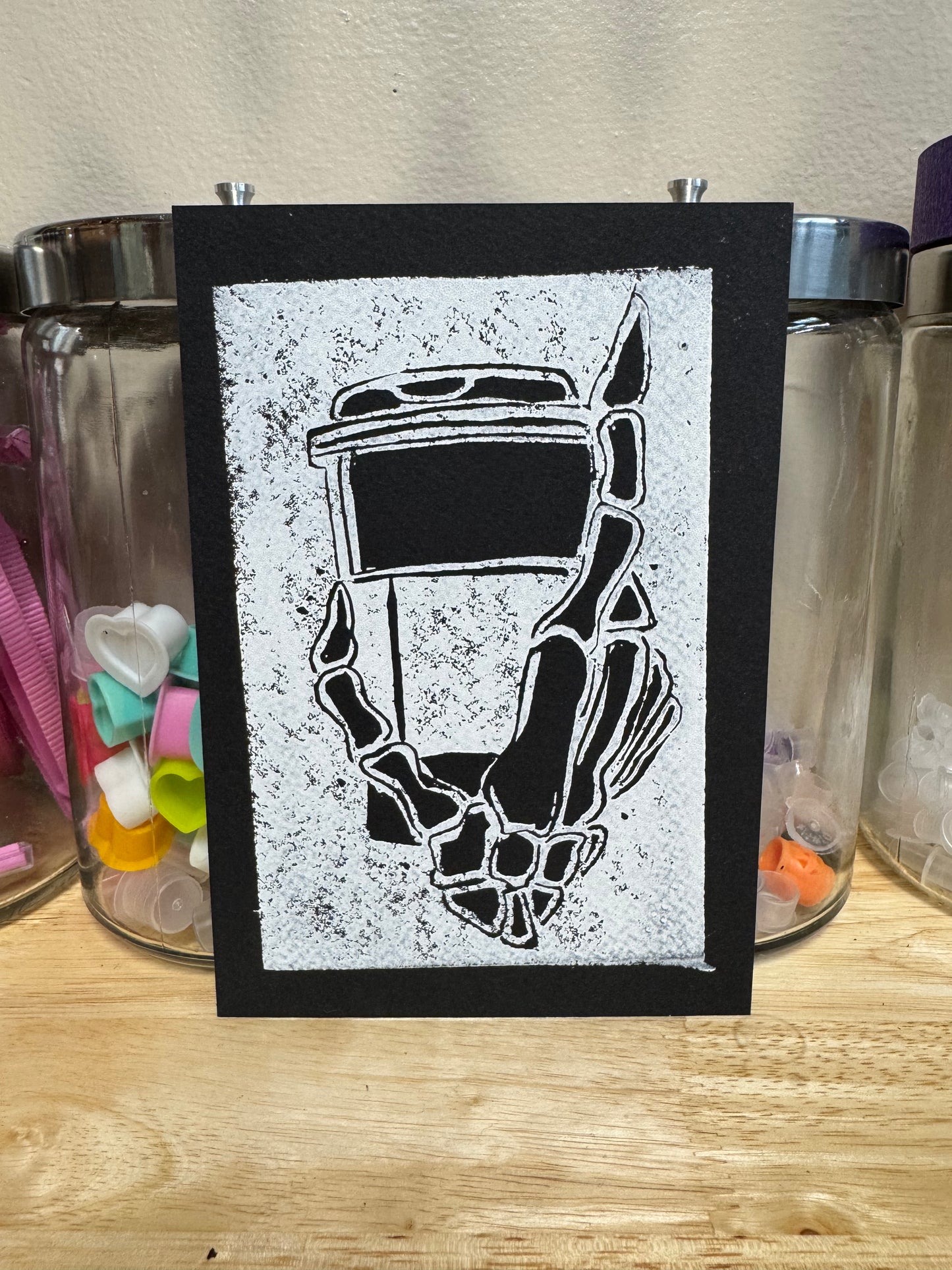 “Every Morning” Limited Edition Hand Pressed Linocut Skeleton Coffee Cup Print